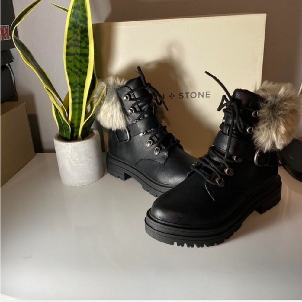 Sun + Stone Black and Cream Fur Combat Boots - Picture 2 of 3